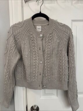 Maeve Beaded Cable-Knit Cardigan in Light Gray